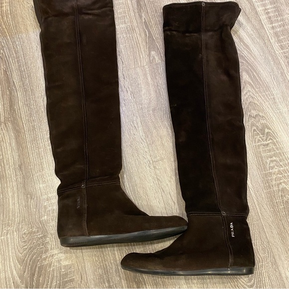 Authentic Prada Brown Suede Flat Knee-High Boots - Picture 1 of 8